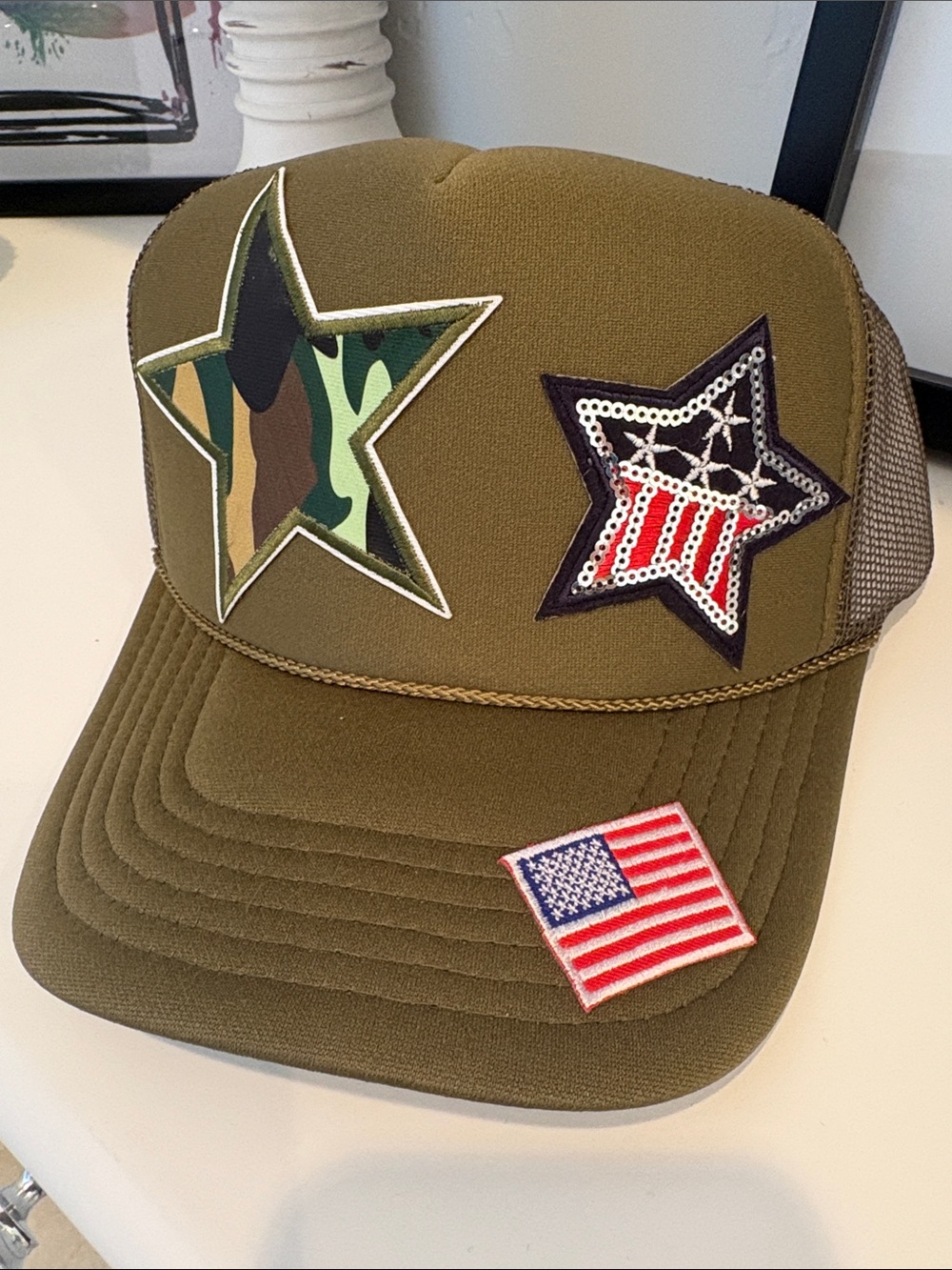 OTTO Olive Green Trucker Hat with Star Patches and American Flag Patch